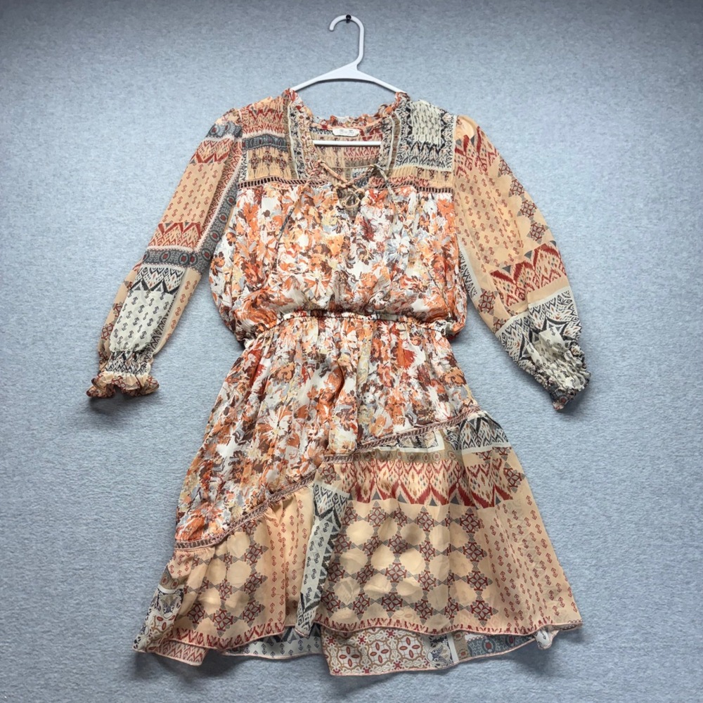 Miss Me Patchwork Floral Mini Dress Orange Cream Small‎ Lace Up V-Neck Smocked